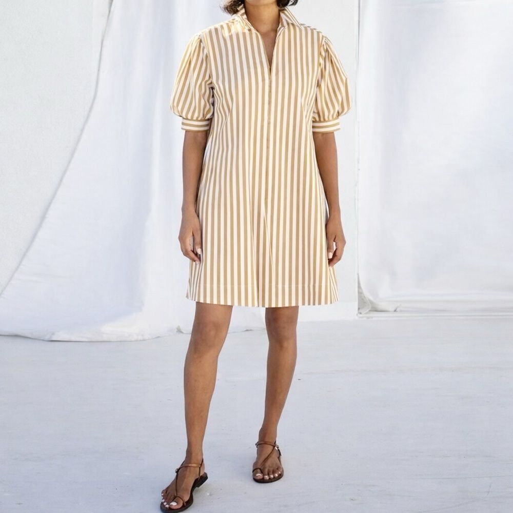 AYR Solstice Striped Shirt Dress Baguette White Puff Sleeve Cotton Size Small